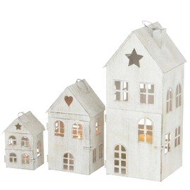 Main Street Town House Candle Lanterns, Set of 3, Vintage Style, Heart and Star Details, Rustic White, Metal, 13.75, 8.25 and 5 Inches Tall