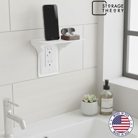 BeraTek Power Perch Wall Outlet Shelf with Cord Storage Strap - Small Wall Shelf Declutters & Reclaims Bathroom Counter Space - Alexa Echo Dot Stand, Apple Homepod Mini Wall Mount - White, 1-Pack