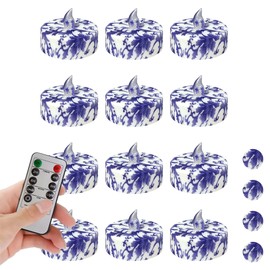 Gedengni Floral Flameless Tealights with Remote - 12 Pack Blue and White LED Tealight Candles Battery Operated Tea Lights Safe Realistic Flickering for Home Decor Wedding Party,TLT12P-BW