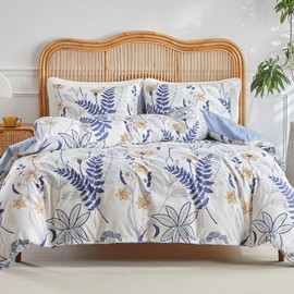 Duvet Cover Queen, Floral Duvet Cover, Botanical Patterns Soft Microfiber Bedding Set, 3 Pieces, 1 Duvet Cover 90x90 in with Zipper Closure and 2 Pillow Shams, Blue White