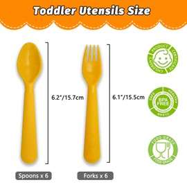 Muulaii 12 Pcs Kids Spoons and Forks Toddler Utensils Plastics Reusable Silverware Baby Cutlery Set Feeding Dinnerware Utensils BPA Free Microwave Dishwasher and Freezer Safe- Yellow