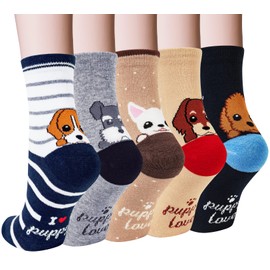Womens Cute Animal Painting Socks 5 Pairs, Funny and Cool 100% Cotton Art Dog Cat Socks for Women, Black & brown & yellow & blue & gray