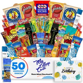 College Birthday Men's Hearty Snack Box ( 50 Piece Variety Gift Basket Care Package ) Jerky, Nuts, Chips, Pretzels, Variety Pack - My College Crate