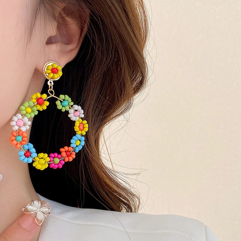 Boho Beaded Hoop Earrings for Women Trendy Boho Jewelry,Bohemian Flower
