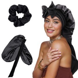 LadayPoa Double Layer Sleep Cap with Hair Ties for Women Long Hair Bonnet for Curly Hair Waterproof Satin Hair Cap for Sleeping Extra Large Adjustable Satin Bonnet for Women Black