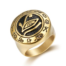 INRENG Men's Stainless Steel Egypt Eye of Horus Ring Round Top Signet Protection Symbol Jewelry, Gold Black Size 11