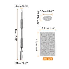 HARFINGTON 2pcs Cuticle Pusher Dual Sided, Metal Nail Cuticle Pusher Remover Tool with 100 Pcs 240 Grit Sandpaper Sheets for Manicure Pedicure Nail Art