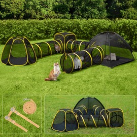 VIVOHOME Outdoor Cat Enclosures 6-in-1 Outside Large Playground Include 2 Cat Tent, 3 Cat Tunnel, Cat Playhouse, Cat Leash, Mint Ball for Feline Friends to Explore in Yard, Balcony, Camping
