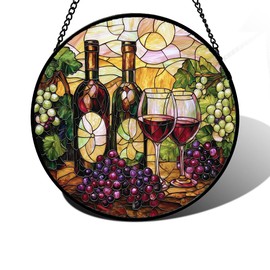 DASTOLL Stained Glass Window Hanging, Grapes and Wine Suncatcher Diamond Glass Panel Hangings Sun Catchers Decor for Birthday for Women, Men, Wife, Aunt, and Mom 6.3 in