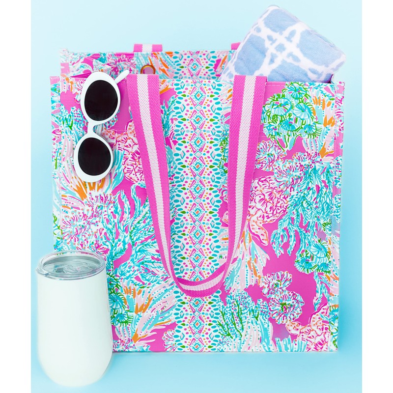 Lilly Pulitzer Pink Market Shopper Bag, Reusable Grocery Tote with
