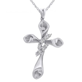 Pretty Jewels 925 Sterling Silver 1/20 Carat (cttw) Round Cut Natural White Diamond Religious Cross Pendant Necklace With 18" Chain Christmas Gift (Diamond Color: H-I, Clarity: I1-I2, 0.05 Cttw)