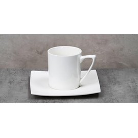 HomeVss, Bone China Elegance White Square Coffee Cup 6.5 oz with Saucer, Set of 6 Coffee Cup and 6 Saucers