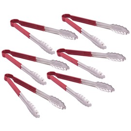 Kosma Set of 6Pc Stainless Steel Utility Tongs Red Vinyl-Coated Handle | BBQ Tongs | Serving Tongs Color Coded - 9 Inch
