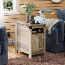 WLIVE Farmhouse End Table Set of 2 with Charging Station, Narrow Side Tables Living Room, Bedroom, Couch with USB Ports and Outlets, Wood Nightstand Sets with Storage, Greige