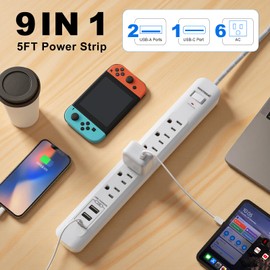 2 Pack Power Strip Surge Protector - 6 Outlets 3 USB Charging Ports (1 USB C), 5Ft Extension Cord, Flat Plug, Overload Protection, Wall Mount for Office Home, Dorm Room White