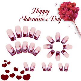 Heart Press on Nails French Tips Fake Nails Red Heart Acrylic Nails Long Square False Nails Glossy Glue on Nails Reusable Artificial False Nails for Women Girls Manicure 24Pcs