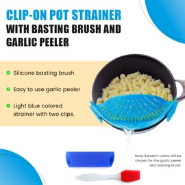 Clip On Kitchen Food Strainer for Spaghetti, Meat, Pasta, & Ground Beef Grease, Colander & Sieve Snaps or Clips Onto Bowls, Pots & Pans Includes Silicone Drainer, Brush & Garlic Peeler (LtBlue)
