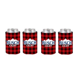 Busch Light Buffalo Plaid Can Coolers, Red and Black Checkered Pattern, Set of 4