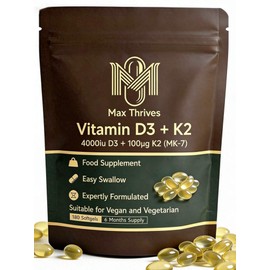 Vegan Vitamin D3 K2 Softgels 4000IU, 6 Months Supply, Olive Oil Based Lichen Sourced D3 and K2 Vitamin Complex, High Strength Vitamin D with K2, D3 Vitamin Supplements, 180 Count - Max Thrives