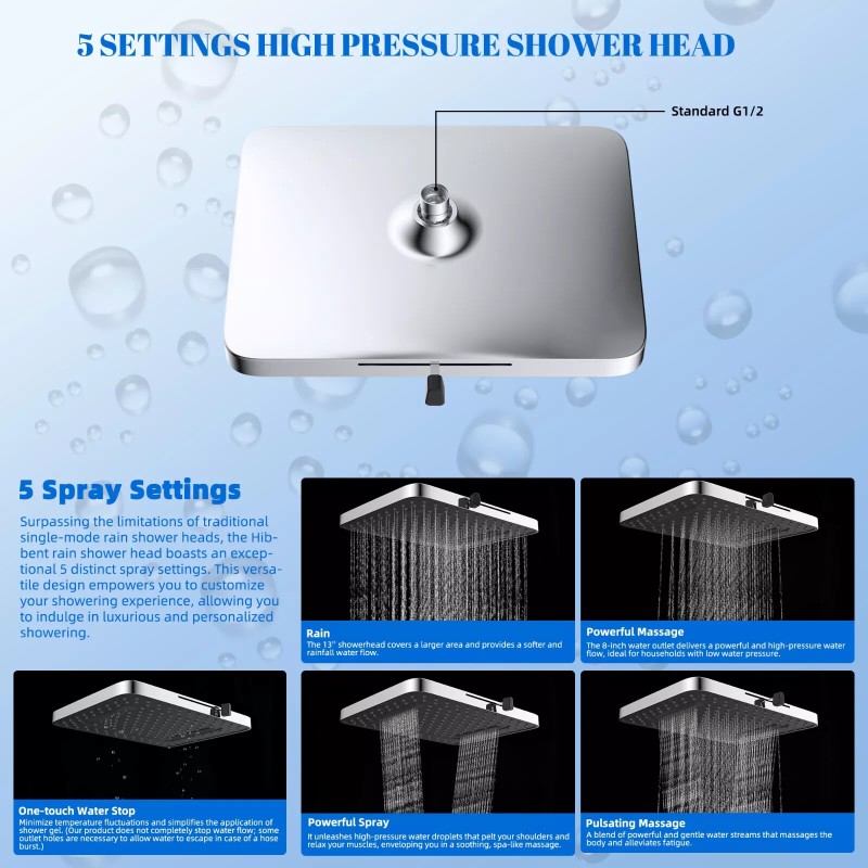 Hibbent 13'' High Pressure Rain Shower Head Large Rainfall Showerhead