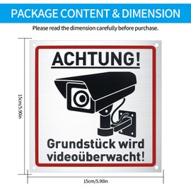 Attention Video Surveillance Sign, Pack of 2, 15 x 15 cm, Video Surveillance Private Property, Video Surveillance Warning Signs, Aluminium for Indoor Outdoor Camera Surveillance