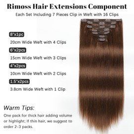 Clip in Hair Extensions Real Human Hair 140g Chocolate Brown Hair Extensions Real Human Hair Clip ins Straight, Rimoss Premium Soft 7pcs Remy Human Hair Clip in Extensions for Women (#4 16 Inch)