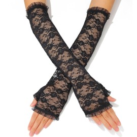 GEMILY Lace Fingerless Gloves Long Bridal Gloves Opera Tea Party Arm Sleeves for Women and Girls (Black, one size)