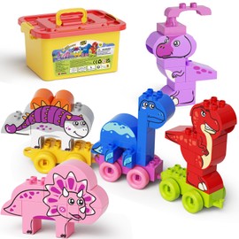 Train Building Block Set Dinosaurs Educational Toy STEM Learning for Toddlers Preschool Ages 1-3 Girls Boys, Creative Nature Toy Activity Playset with Storage Bucket Birthday Gift Ideas