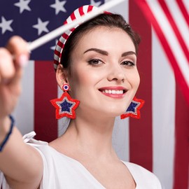 FAERLIIRY American Flag Earrings 4th of July Beaded Earrings for Women Red White Blue Star Patriotic Dangle Drop Earrings for Independence Day Jewelry