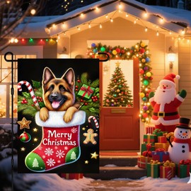BlissYard Christmas Garden Flag Xmas Holiday Garden Flag Merry German Shepherd Dog Stocking 12x18 Inch Double Sided Outdoor Decoration for Festive Yard Porch Lawn Display Cute Puppy Gifts Snow