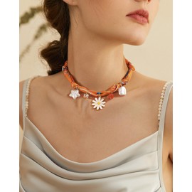 Silk Scarf Necklace with Charm Gold Coin Bow Flower Pearl Daisy Scarf Charm Necklace Blue/Red/Green/Orange Bohemian Choker Summer Beach Holiday Jewelry Gifts for Women