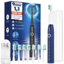 Spazzolino Elettrico Sonico per Uomo con 8 Testine – Spazzolino Denti Sonico Adulti con Custodia da Viaggio, 5 Modalità, Impermeabile IPX7, Spazzolino Elettrico da Viaggio Ricaricabile, Blu Scuro