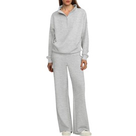 ANRABESS Women 2 Piece Outfits Sweatsuit Quarter Zip Sweatshirt Wide Leg Sweatpants Matching Lounge Set Travel Tracksuit Light Grey Medium
