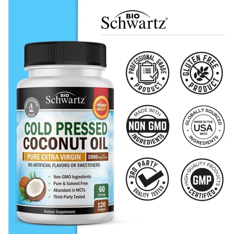 BioSchwartz Coconut Oil Capsules 2000mg - Organic Pure Extra Virgin