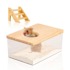 Hamster Sand Bath Box Sand Bath Hamster: Transparent Acrylic Shower Room with Natural Wood Cover, Square Hamster Bathroom with Stairs for Mice, Lemmings, Gerbils, Small Animals or Other Small Pets