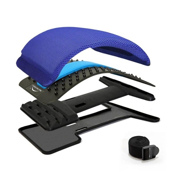Multi-Level Magic Back Stretching Device with Memory Foam Pad,Back Lumbar Support for Office Chair and Car Lumbar Traction Device for Back Pain Relief(Blue Pad/Black)