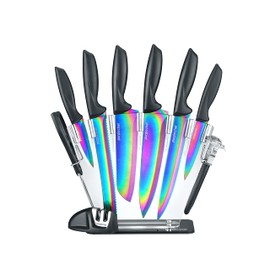 PurpleChef 10 Pieces Iridescent Rainbow Titanium Coated Kitchen Knives Set. Includes 6 Stainless Steel Knives, Scissors, Knife Sharpener, Peeler, and Clear Acrylic Stand.