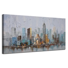 Enartly Abstract Cityscape Canvas Wall Art New York City Painting Modern Skyline Colorful NYC Grey Blue Picture, Large Size Framed for Bedroom Living Room Bathroom Home Office Wall Decor 40"x20"
