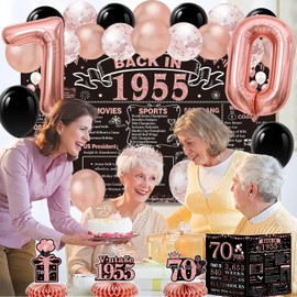 70th Birthday Decorations for Women with 1955 Banner, 70th Birthday Crown and Sash, Rose Gold and Black Balloons, 1955 Poster and Table Decorations