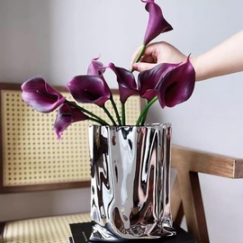 Ceramic Flower Vase, Crinkle Paper Shape, Silver Metal, Decorative Home Accent (X-Large)