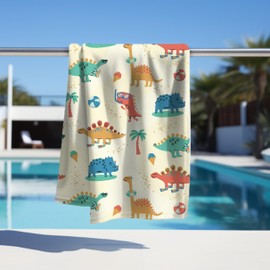 MTOnlinehandel Children's Beach Towel 70 x 140 cm - Soft & Absorbent Bath Towel with Dino Motif - Cotton & Polyester Mix - Quick Drying