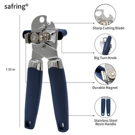 Safring Can Opener Manual with Magnet, Stainless Steel Handheld Heavy Duty Can Opener, Sharp Blade Smooth Edge, Comfortable Handle, Can Openers with Multifunctional Bottle Opener, Blue