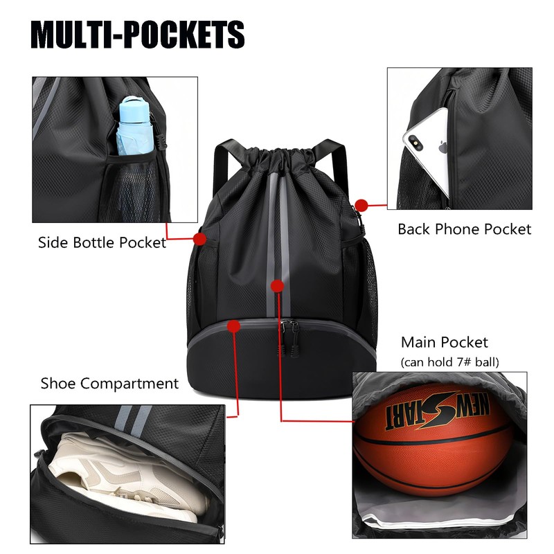 Sports Drawstring Backpack – Water-Resistant Gym Bag with Shoe Compartment