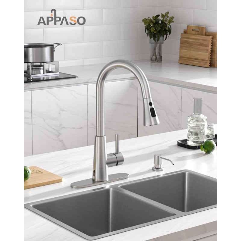 APPASO Touchless Kitchen Faucet with Soap Dispenser Brushed Nickel, Side
