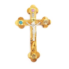 Olive Wood Crucifix / Wall Cross adorned with olive leaves, frankincense, flowers and stones from Jerusalem Hand Crafted by Artisans in Bethlehem (the heart of the holy land). by Bethlehem Gifts TM