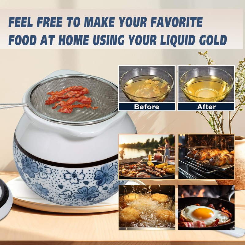 Caylielam 24oz Bacon Grease Saver with Handle and Strainer, Ceramic