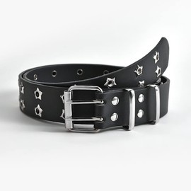EMMIOL Studded Y2K Women Belts for Jeans, Ladies Leather Belt Trendy Goth Star with Silvery Buckle, Emo bb Waist Belt Fashion Designer Punk Grunge Vintage for Dress Pants, Double Star