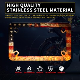 Motorcycle Retro American Flag Flame License Plate Frame Stainless Steel Material Funny Motorbike License Plate Holder Motorcycle Accessories 7" X 4" Inch
