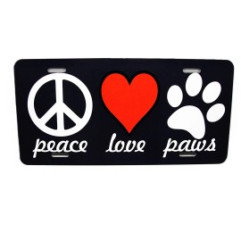 DIGIART INTERNATIONAL  PEACE LOVE PAWS DOG CAT ANIMAL LOVE Metal Novelty Car license Plate Auto Tag