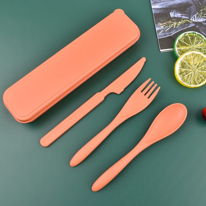 Travel Cutlery Set with Case, Portable Dark Wheat Straw Silverware